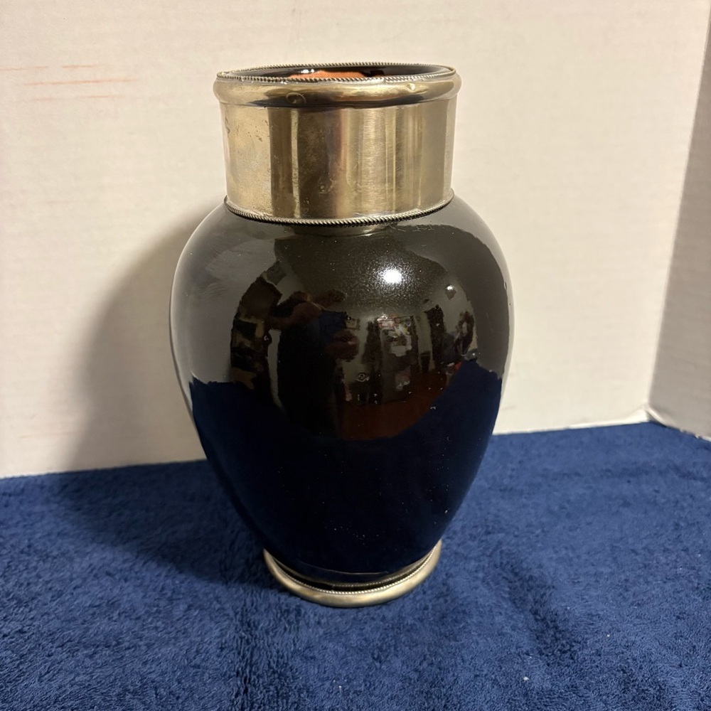 MCM Moroccan Clay Terra Cotta Black & Silver Metal Band Vase Urn 9 1/2" Gothic